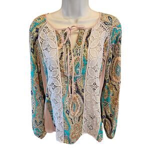 Anthropologie peasant neutral lace mixed media chiffon layering boho blouse S